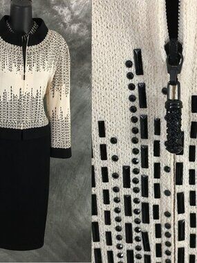 BEAUTIFUL St John knit black white embellished jacket evening skirt suit size 14
